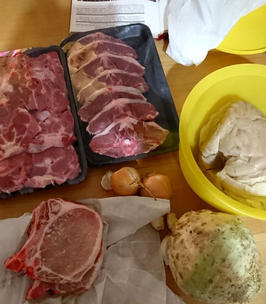 Zutatensammlung Podvaraik, zwei Schweinekoteletts, jeweils ein knappes Kilo Lammhals und -steak, ein Sauerkohl un Schüssel, zwei Zwiebeln, einige Knoblauchzehen. Auch auf dem Foto, aber im Rezept doch nicht verwendet: ein Knollensellerie.