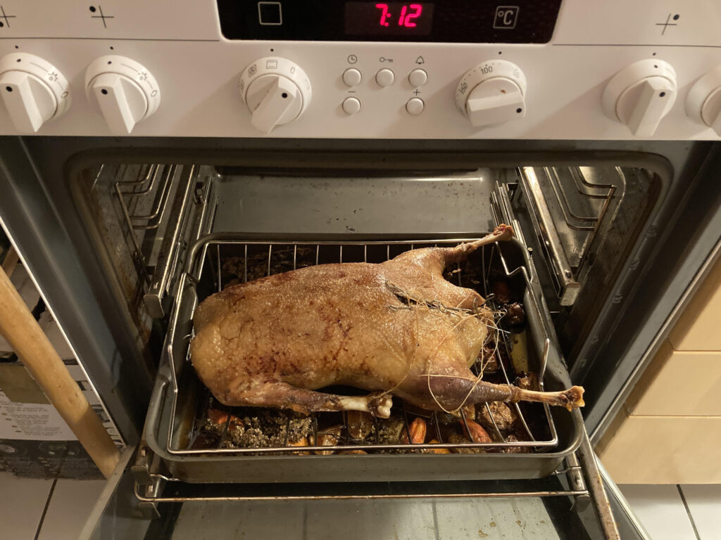 Fertige Gans im offenen Backofen