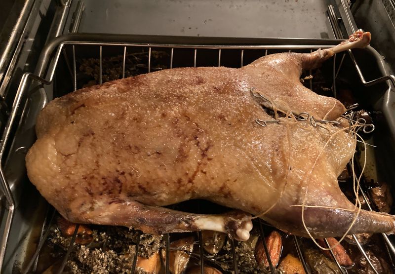 Fertig gegarter Gänsebraten auf dem Rost