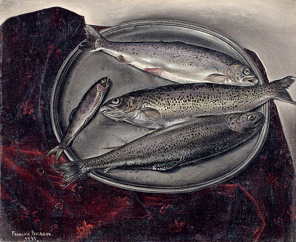 Stilleben von François Barraud: Vier Forellen auf Teller