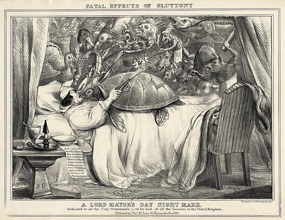 Englische Lithographie: Fatal effects of glutony. Mann in Bett mit Suppenschildkröte auf dem Bauch.