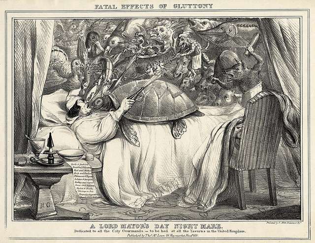 Englische Lithographie: Fatal effects of glutony. Mann in Bett mit Suppenschildkröte auf dem Bauch.
